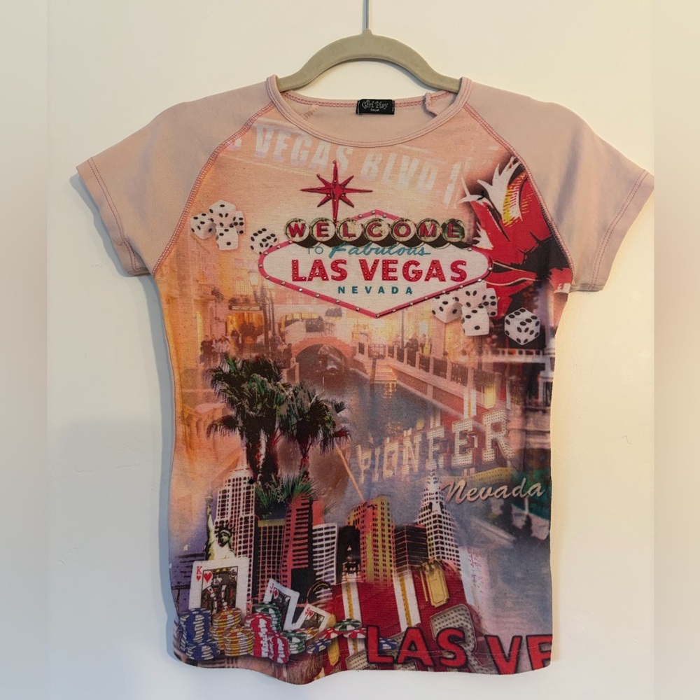 Y2K Las Vegas Graphic Babydoll Tee Size Small Pink Vintage Top
